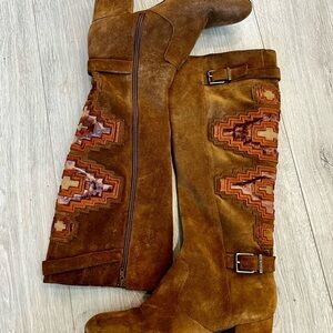 Brown Suede Knee-High Boots with Embroidered Pattern by Gianni Bini